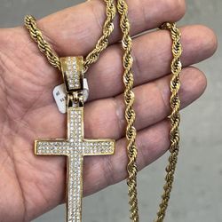 gold over stainless steel cross pendant and necklace 