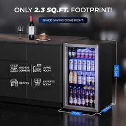 Beverage and Wine Cooler in Silver, LED Light, UV Protection, 17.3 in. Single Zone-130 Can Freestanding , NEW