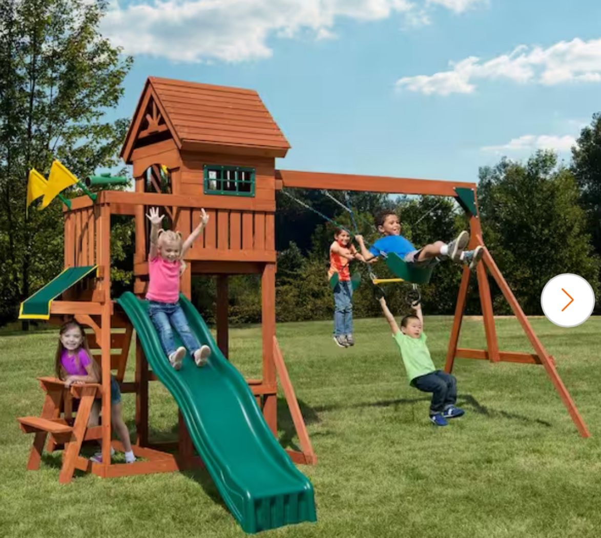 Swing-N-Slide Playsets DIY Sedona Summit Wooden Outdoor Playground Set with Slide, Rock Wall, Swing Set, and Backyard Playground Equipment
