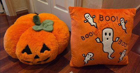 2 Halloween Plush Pillows: Large Pumpkin 20”x20” and Square 16”x16” Boo Ghosts