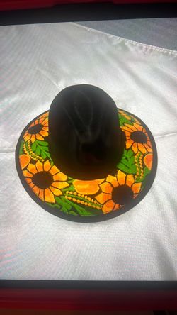 Black Wide Brim Hat with Sunflower Embroidery