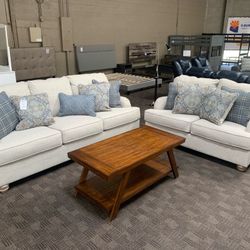 White Cream Linen Sofa And Love Seat Set 