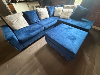 Royal Blue Velvet Sectional Sofa + Oversized Ottoman