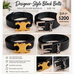 Designer-Style Black Belts with Gold & Silver Buckles