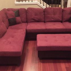 Red Microfiber Sectional Couch And Ottoman