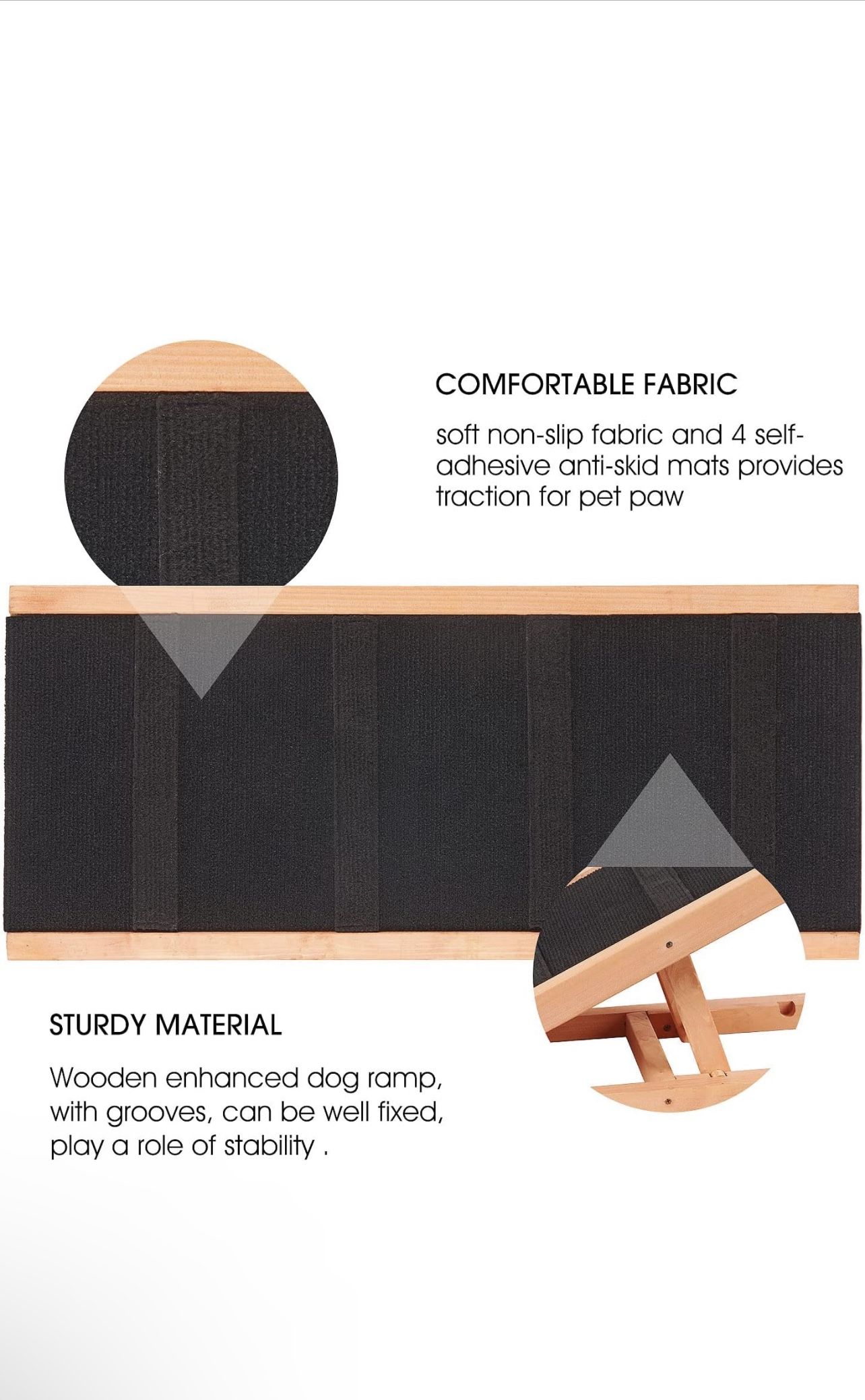 Wooden Height Adjustable Pet Ramp for Dogs and Cats, 2 Layers from 12 - 16 inch with Non Slip Carpet Surface and 4 Self-Adhesive Anti-Skid Mat, Foldab