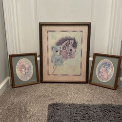 Vintage Set Of 3 Pictures Of Stick Ponies 