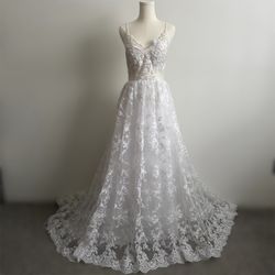 White Lace Transparent Bodice Low Open Back Spaghetti Strap Boho Wedding Dress