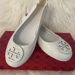 Tory Burch Women's Minnie Travel Ballet Flats Shoes Gardenia White Leather Size 9.5