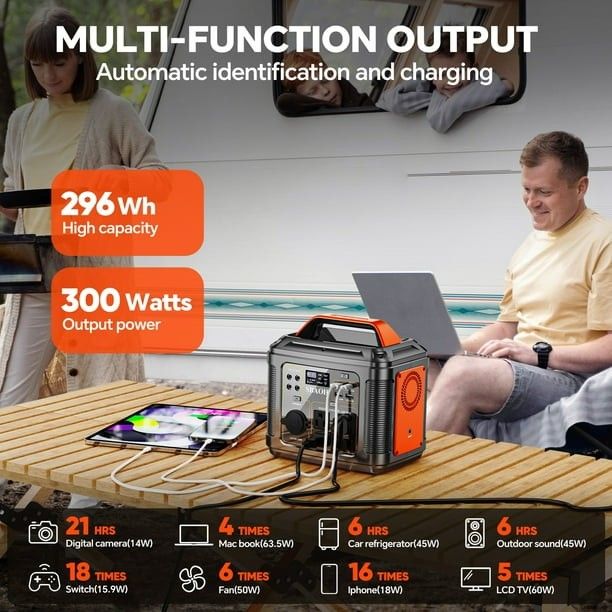 300W Portable Power Station 296Wh 80000mAh Lithium Battery Outdoor Quick Charge 110V AC DC Ports for Home Backup Black