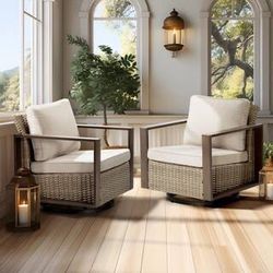 2-Piece Patio Wicker Swivel Outdoor Rocking Chair with Metal Frame and Beige Cushions