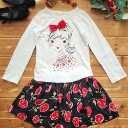 SIZE 6 GIRLS 2-PIECE OUTFIT WHITE LIGHTWEIGHT CUTE GIRL LONG-SLEEVE W/BLACK & RED FLORAL SHEER LAYER SKIRT