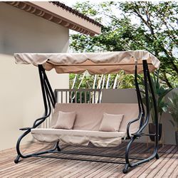 3-Seat Outdoor Patio Swing Chair, Converting Flatbed, Outdoor Swing Glider with Adjustable Canopy, Removable Cushion and Pillows, for Porch, 