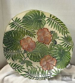 Tropical Hibiscus Floral 15”Decorative Plate Green & Pink