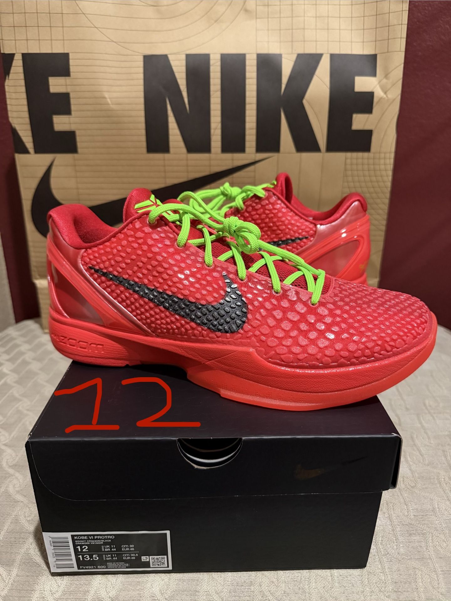 MENS SIZE 12 NIKE KOBE 6 PROTRO REVERSE GRINCH