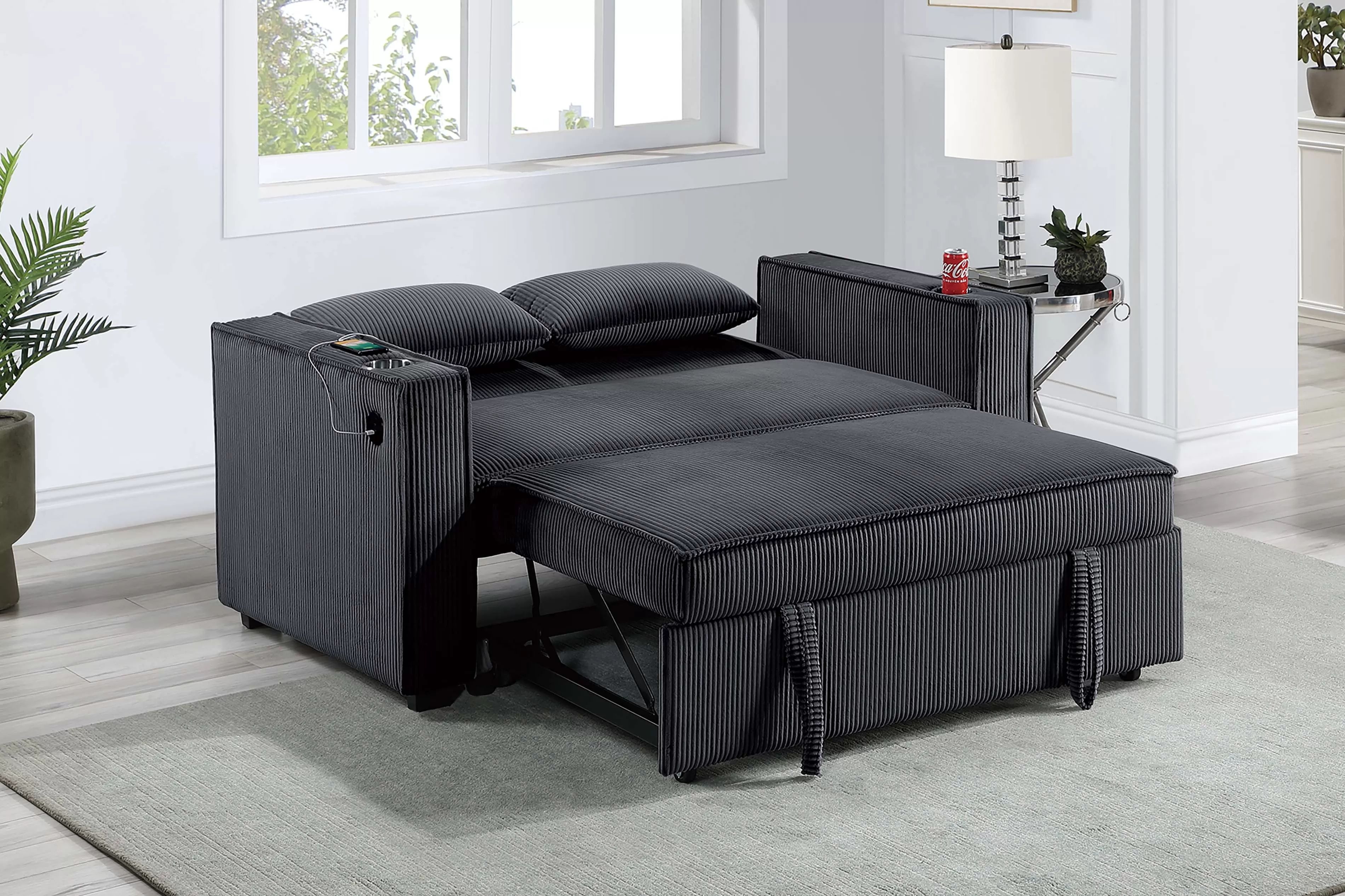 Convertible Sofa - Black Corduroy Fabric