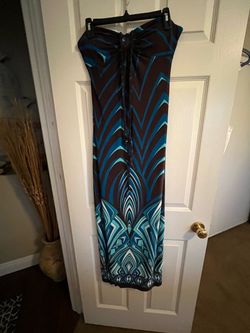 Brown and Teal Geometric Halter Maxi Dress, Size Medium