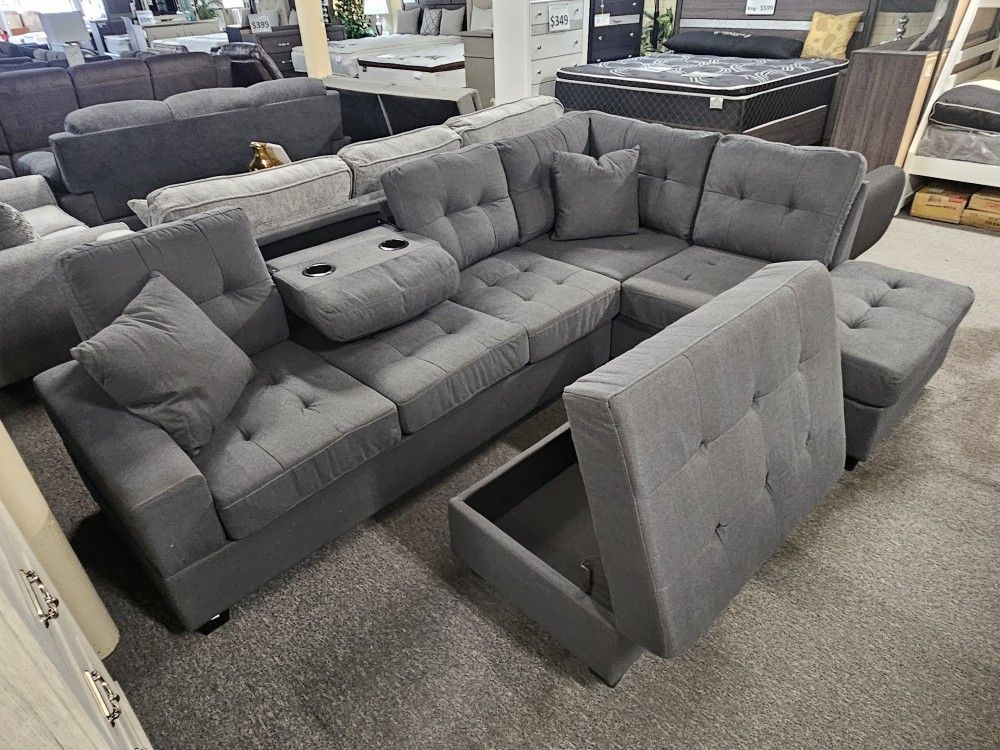 Brand New 105" x 73" Tuft Gray Linen Reversible Sectional With Cup Holders And Storage Ottoman