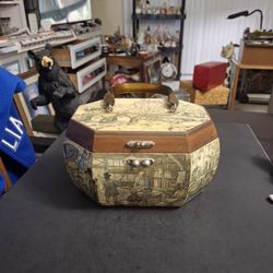Vintage 1960's Collectible Anton Pieck Decoupage Octagon Wooden Box Purse, Featuring Storybook Style Illustrations Of Village Life-SEE DESCRIPTION 