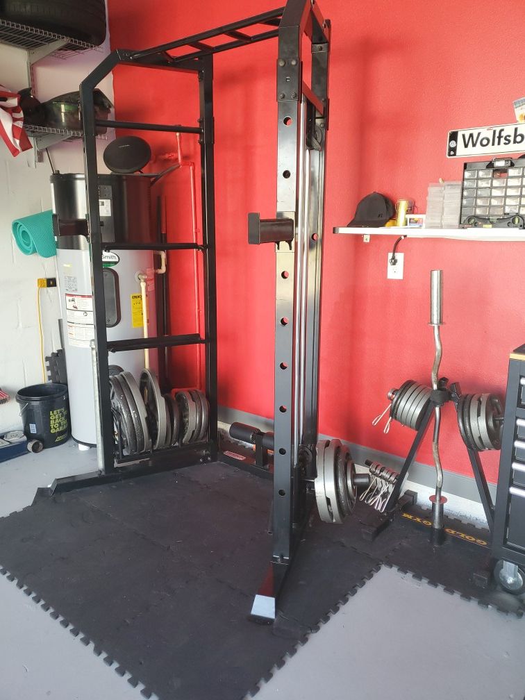 Marcy Cage and Rack with 2 Barbells and Weights