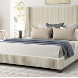 Luxury Queen Upholstered Bed + Mattress & Box Spring – Like New