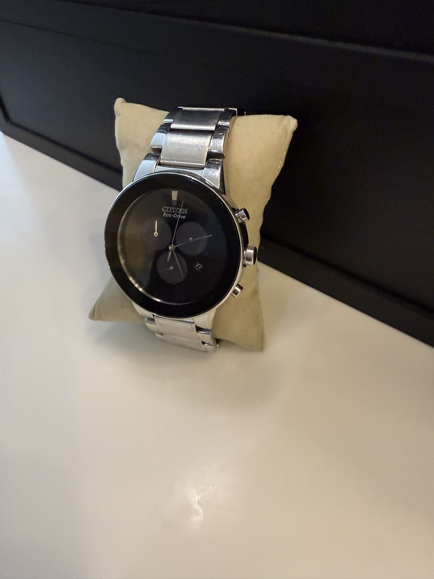 Authentic Citizen Men’s Chronograph Watch in polished stainless steel with a sleek black minimalist dial.