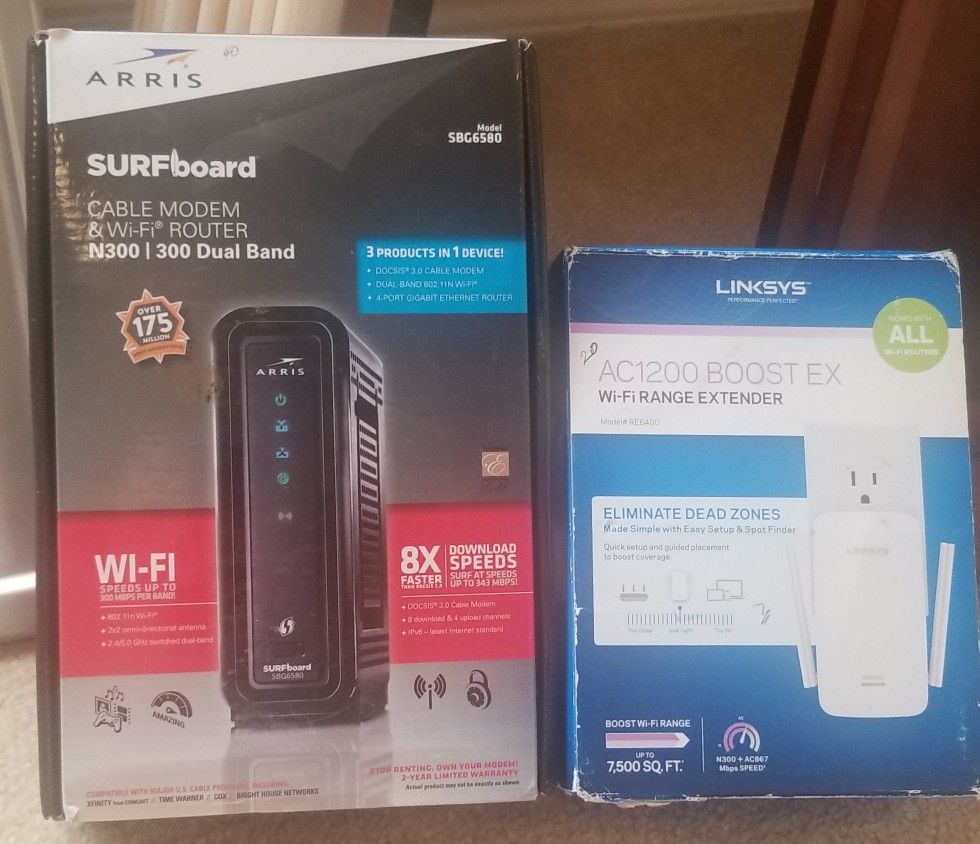 Arris SBG6580 Surfboard Cable Modem Router + Linksys Extender