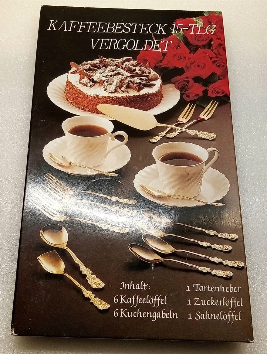 KAFFEEBESTECK VERGOLDET Germany Rose Pattern Gold Plated Dessert Flatware Set