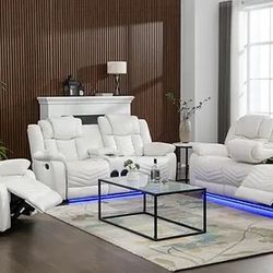 Lucky Charm White 3 Piece Reclining Sofa Set Brand New 