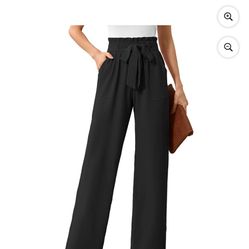New Women's Wide Leg Pants with Pockets Black Large Casual Work Trousers with Removable Belt