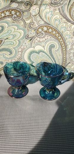 VINTAGE BLUE CARNIVAL GLASS CREAMER AND SUGAR/CUP