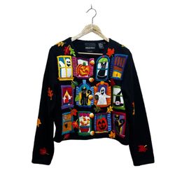 Vintage Michael Simon Sweater M Blk Halloween Cardigan Cat Fall Spooky Whimsical