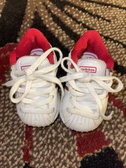 Good condition baby’s red and white Adidas shoes size 3K