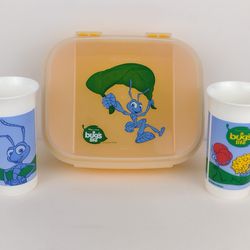 Vintage Disney Pixar A Bugs Life Tupperware Set 10.5oz Plastic Cups & Carry Case