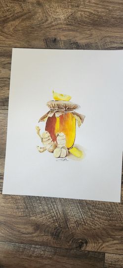 Watercolor Painting. "Honey jar with ginger"