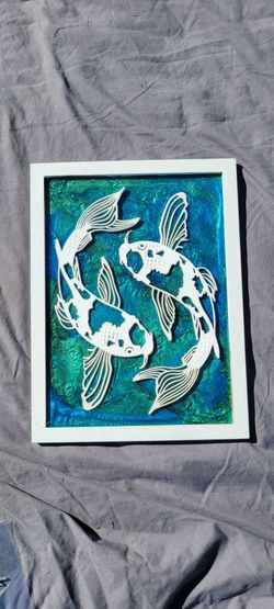 3D Framed Koi Fish Wall Art - Shimmering Teal/Blue Resin Backdrop
