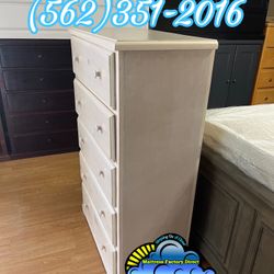 White Jumbo 5 Drawer Double Knob White Wash Dresser- Cajonera Blanca Alto 5 Cajones