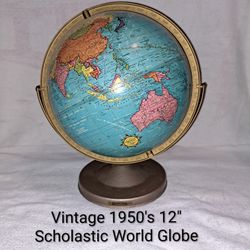 Vintage 1950's 12" Scholastic School World Globe On Metal Stand In Excellent New Condition