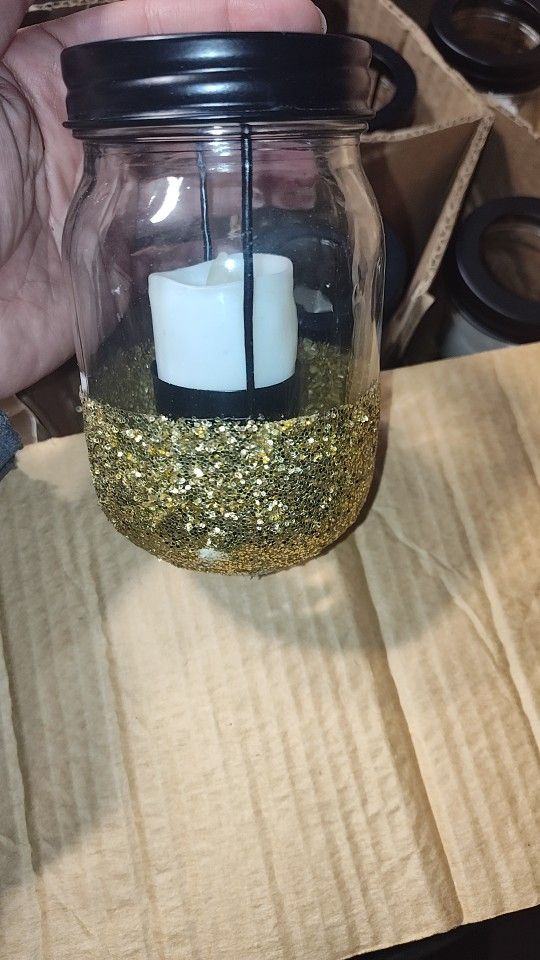 Set of 9 Glass Jar Flameless Candle Holders with Extra Candles and Lights