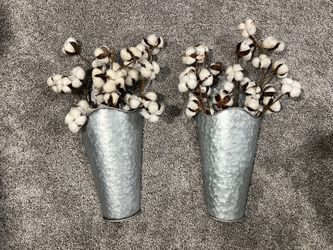 (2) Large Metal Wall Vases w/ Cotton Stems