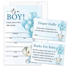 Invitaciones de baby shower de elefante para niños, invitaciones para baby shower, juego de 25 invitaciones (incluye boletos para rifa de pañales y ta