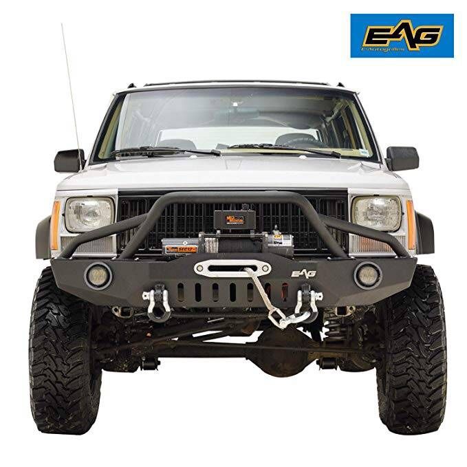 EAG 83-01 Jeep Grand Cherokee XJ Front Bumper with Pre-Runner Hoop and Two Round LED Lights with Colored Light Frame