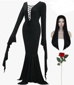 Black Gothic Halloween Dress Morticia Addams Lace-Up Long Sleeve Costume size medium