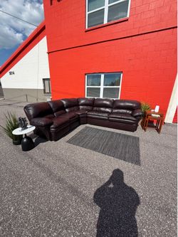 Large 3-Piece Brown Pleather L-Shaped Sectional with Recliners & Pullout Bed – 102” x 120”