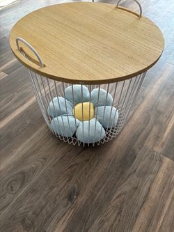 Round Storage Basket Side Table – White Metal & Wood Lid