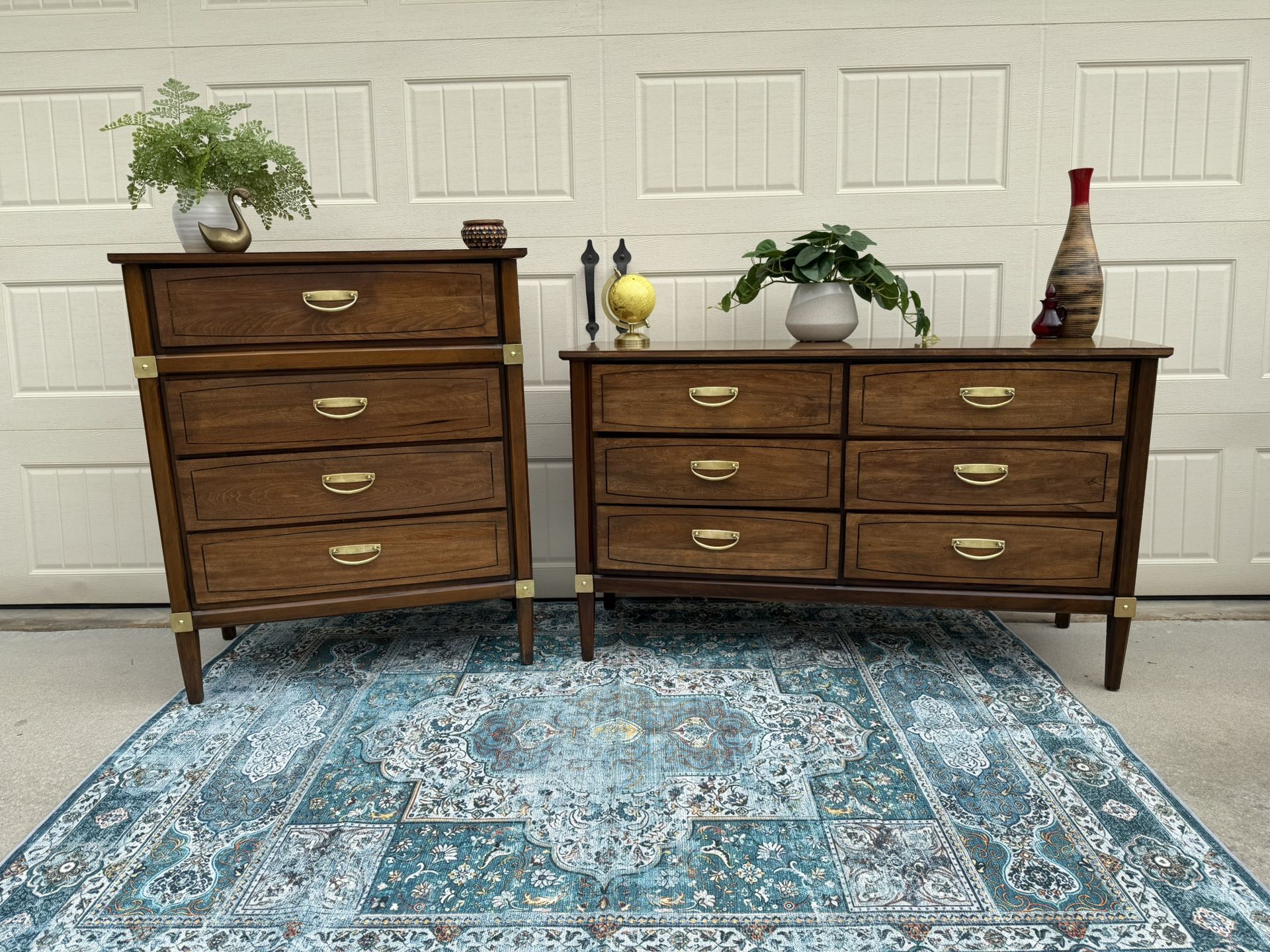 Refinished MCM Henredon Campaign Series Solid Walnut Chest and Dresser