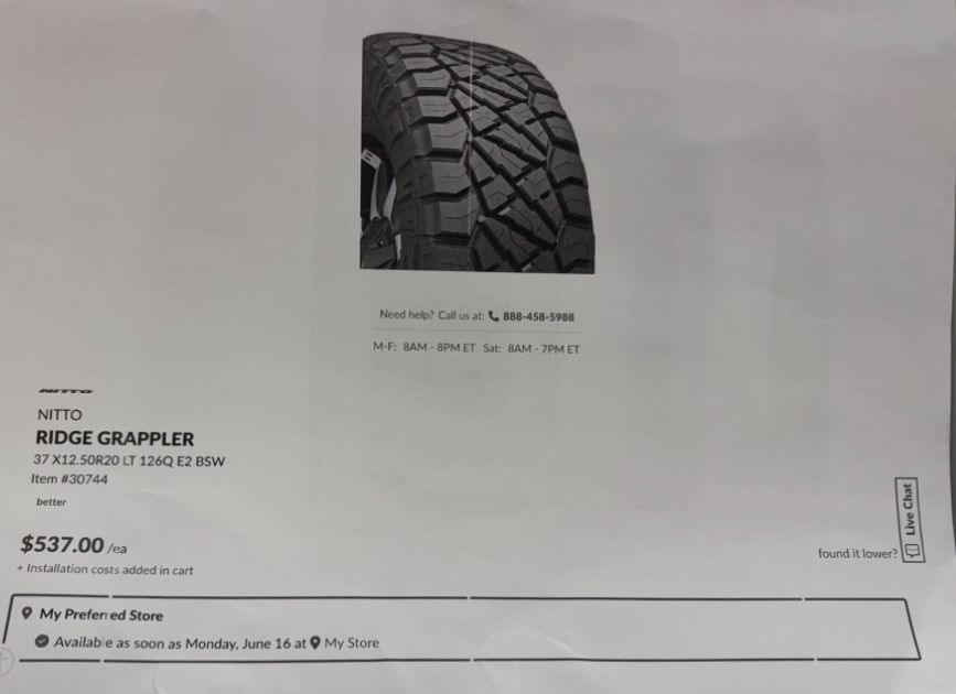 37 X 12.50 X R20. Nitto Ridge Grappler Tires