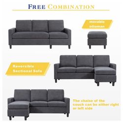 (New Still In The Box ) Convertible Sectional Sofa Couch, Modern Linen Fabric L-Shaped 3-Seat Sofa Sectional with Reversible Chaise for Small Space (B