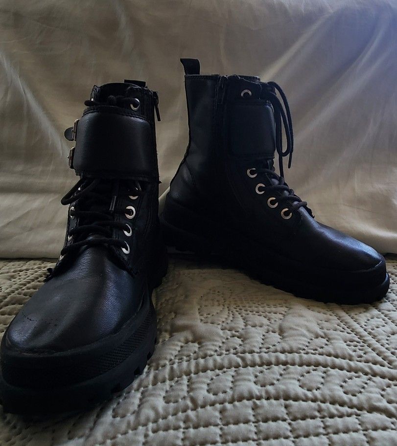 ZARA WOMEN BLACK platform chunky BOOTIE ANKLE BIKER BOOTS 33 EU. 2 US