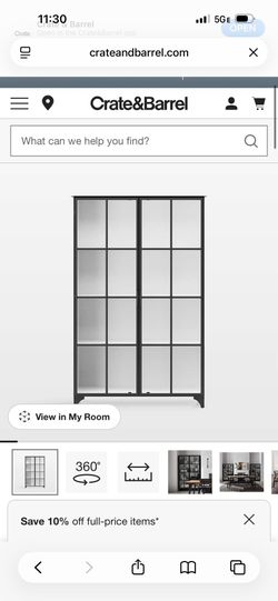 Crate and Barrel Kedzie 48" Black and White Iron and Glass Storage Display Cabinet Bookcase